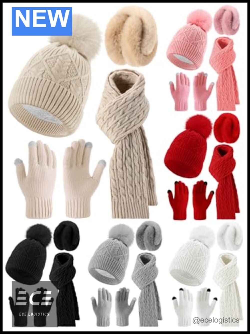 24 Pc Winter Hat Scarf Gloves Ear Warmer Set Acrylic Women Touch Screen Beanie